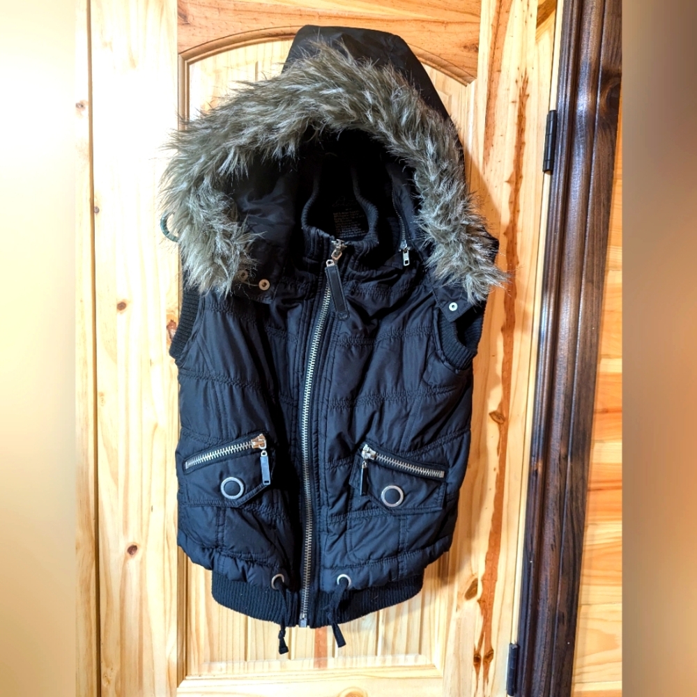 Black Hooded Vest with Faux Fur Trim
